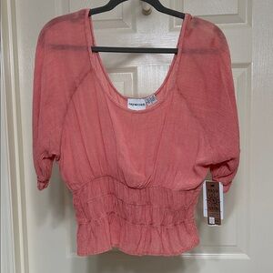 Raya Sun Rose Boho Top Smocked Coral Lightweight Scoop Neck Peasant Top L NWT